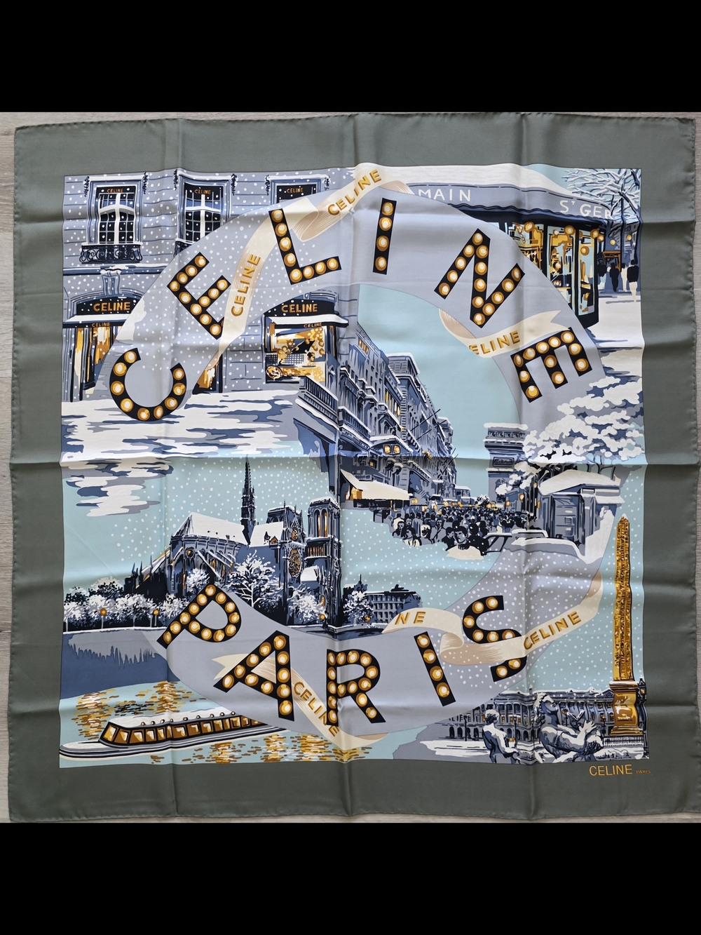 Auth Celine Paris Parisian Landmark Silk Scarf
